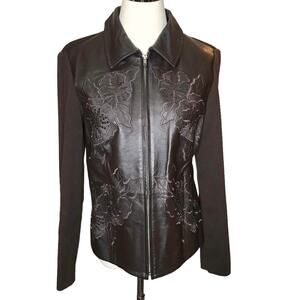 Peter Nygard Collection Brown Embroidered Leather and Knit Zip Jacket-Size S
